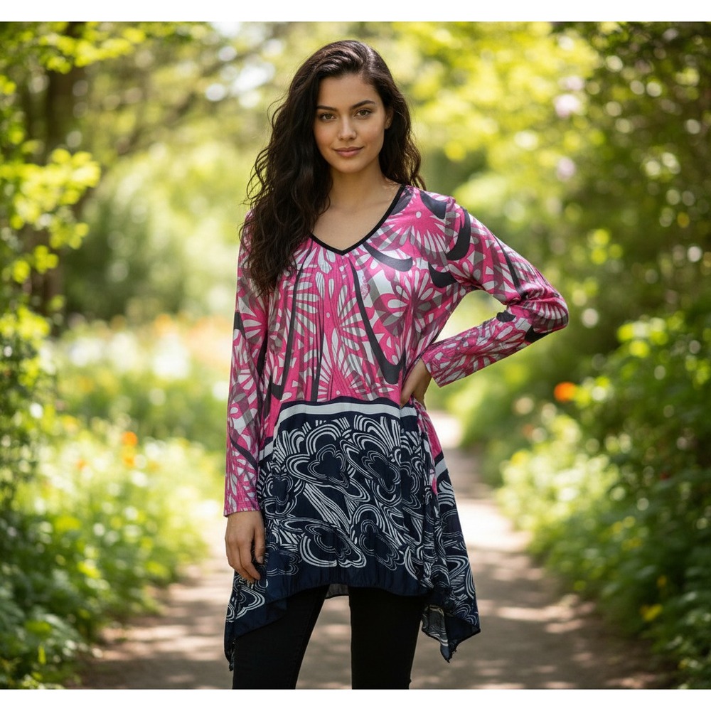 Urban Mango M Tunic Top Gray Pink Blue Glam Indie Artsy Festival Whimsigoth